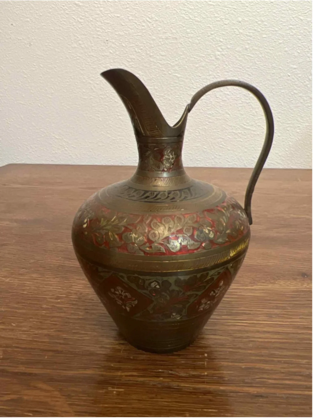 Vintage SEW India Brass Ewer 6” Hand Etched Red Enamel Pitcher Vase #119C